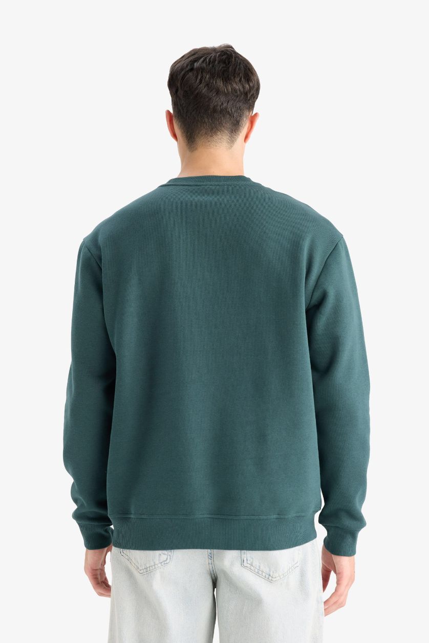 Erkek Koyu Yeşil Regular Fit Bisiklet Yaka Basic Düz Kalın Sweatshirt