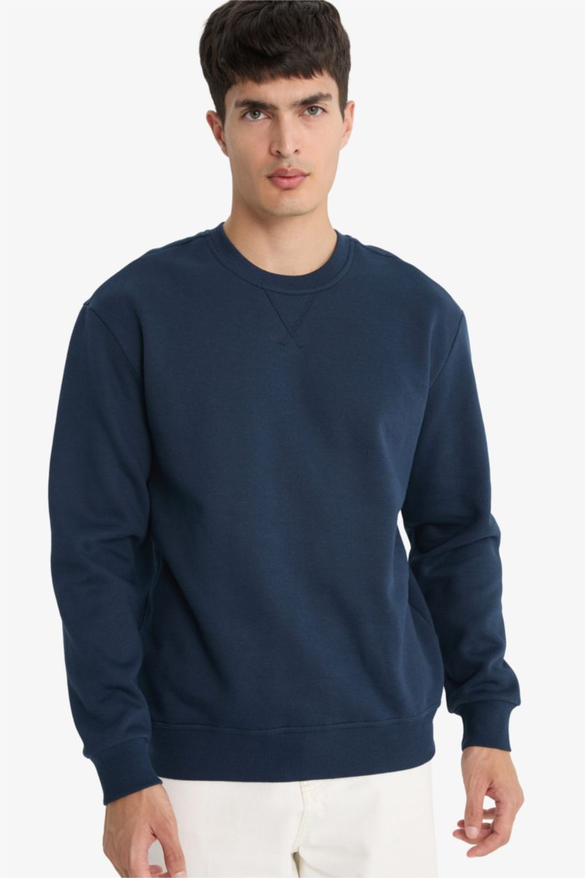 Erkek Lacivert Regular Fit Bisiklet Yaka Basic Düz Kalın Sweatshirt