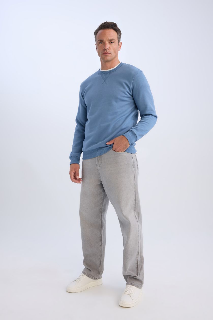 Erkek İndigo Regular Fit Bisiklet Yaka Kalın Basic Düz Sweatshirt
