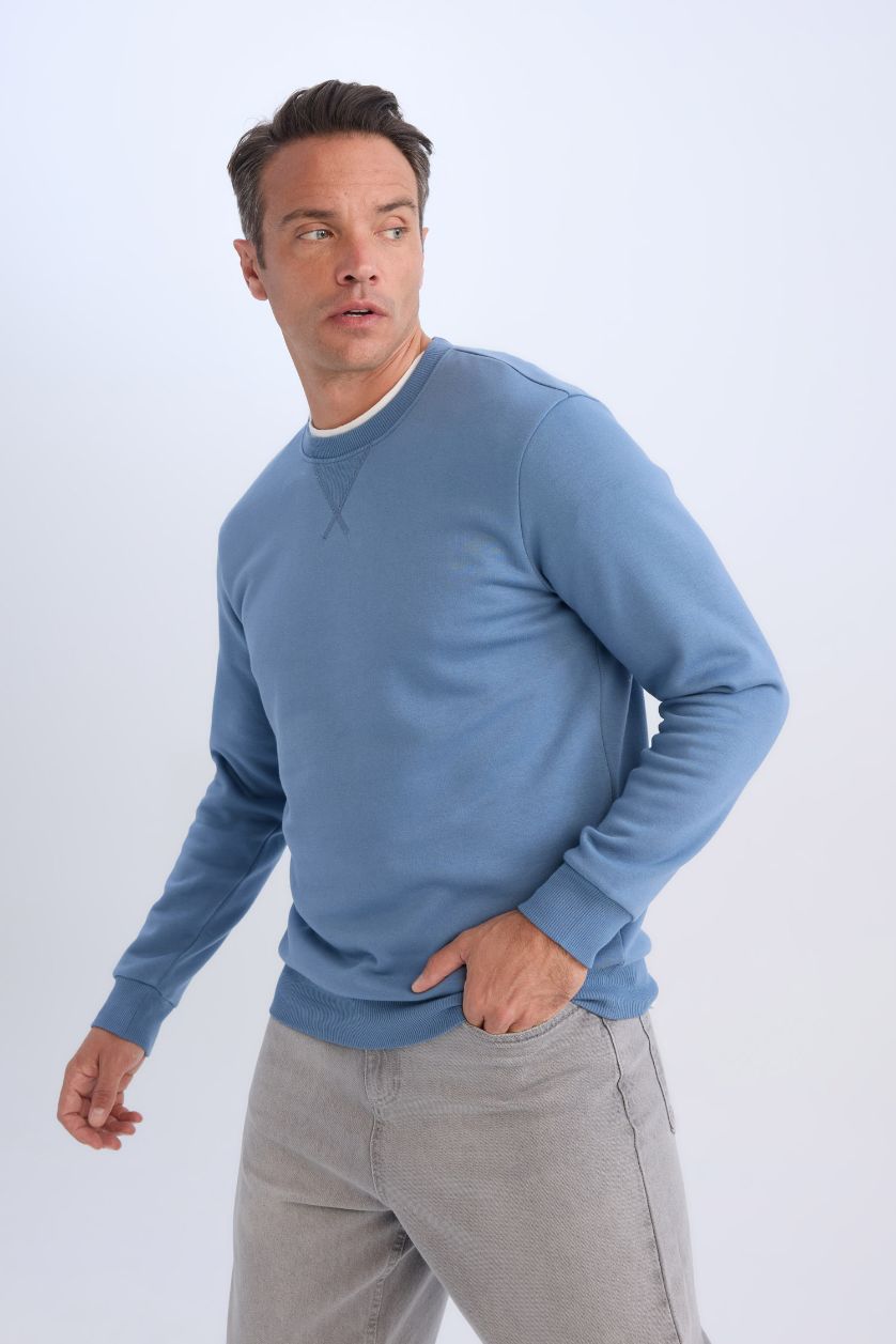 Erkek İndigo Regular Fit Bisiklet Yaka Kalın Basic Düz Sweatshirt