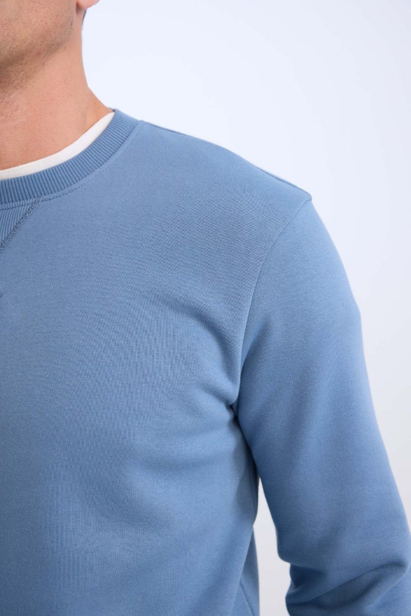 Erkek İndigo Regular Fit Bisiklet Yaka Kalın Basic Düz Sweatshirt