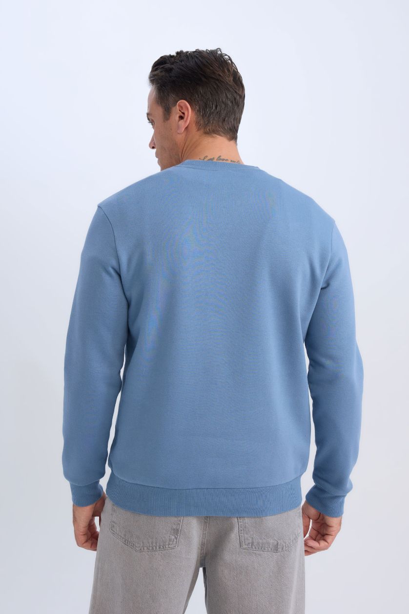 Erkek İndigo Regular Fit Bisiklet Yaka Kalın Basic Düz Sweatshirt