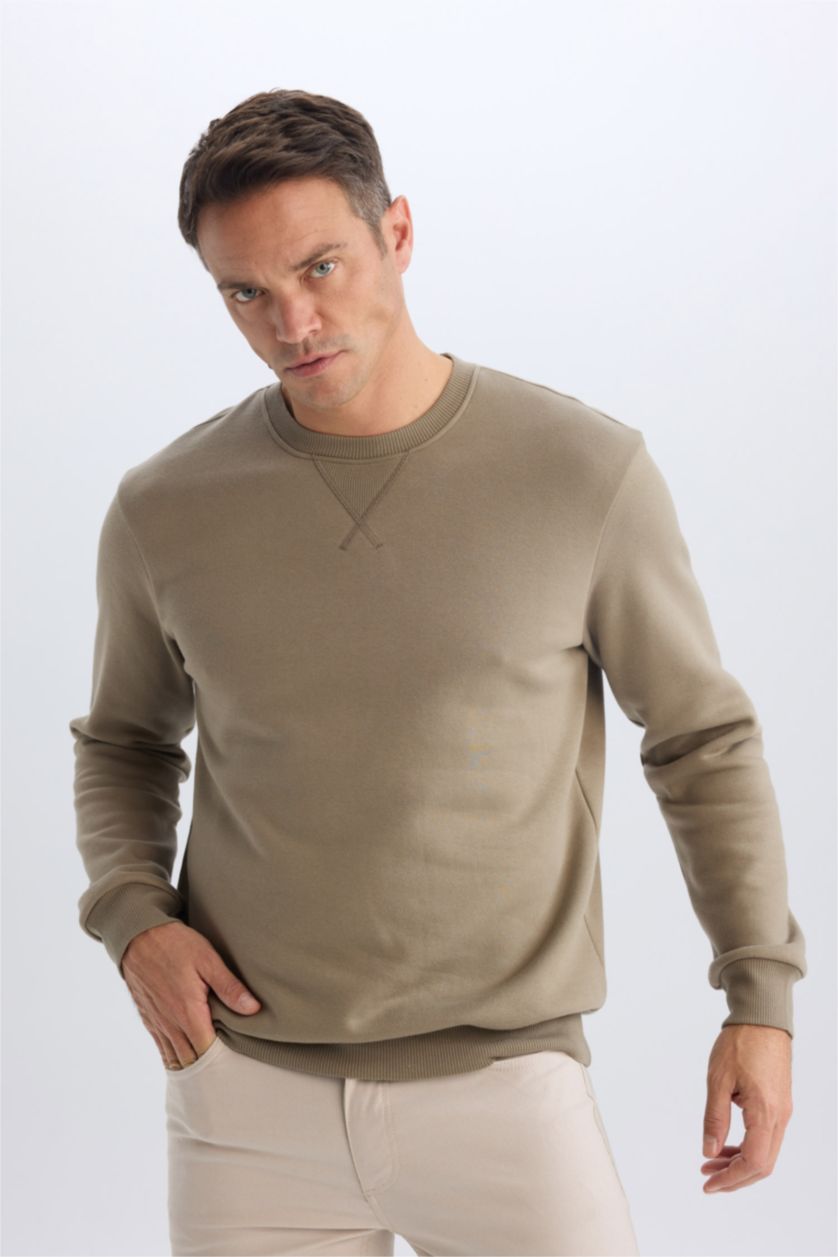 Man Teak Regular Fit Crew Neck Basic Thick Sweatshirt