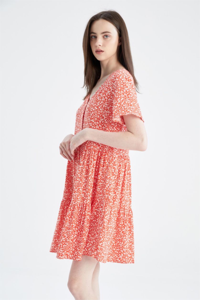 Женщины Красный Летнее платье с V-образным вырезом и цветочным принтом