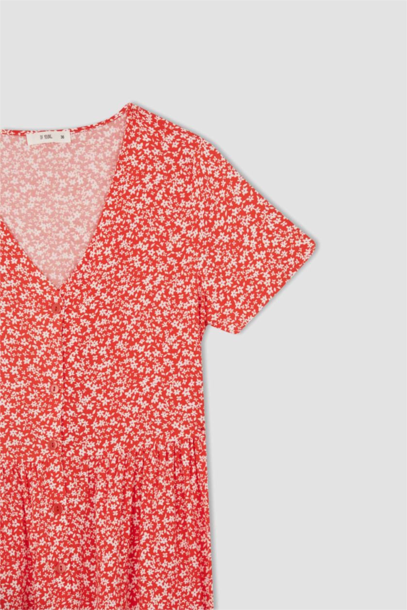 Женщины Красный Летнее платье с V-образным вырезом и цветочным принтом