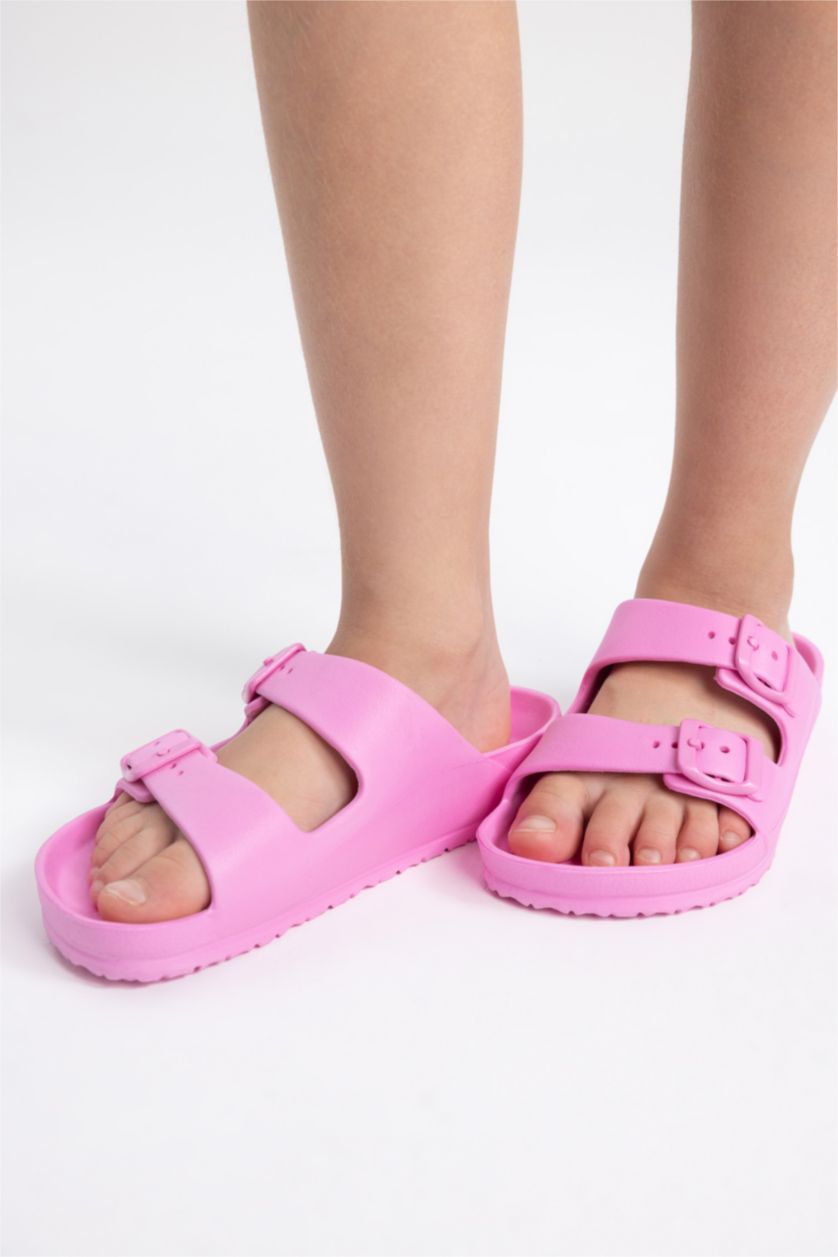 Kız Çocuk - Genç Kız Neon Pembe Eva Çift Bantlı Tokalı Terlik Kız Çocuk