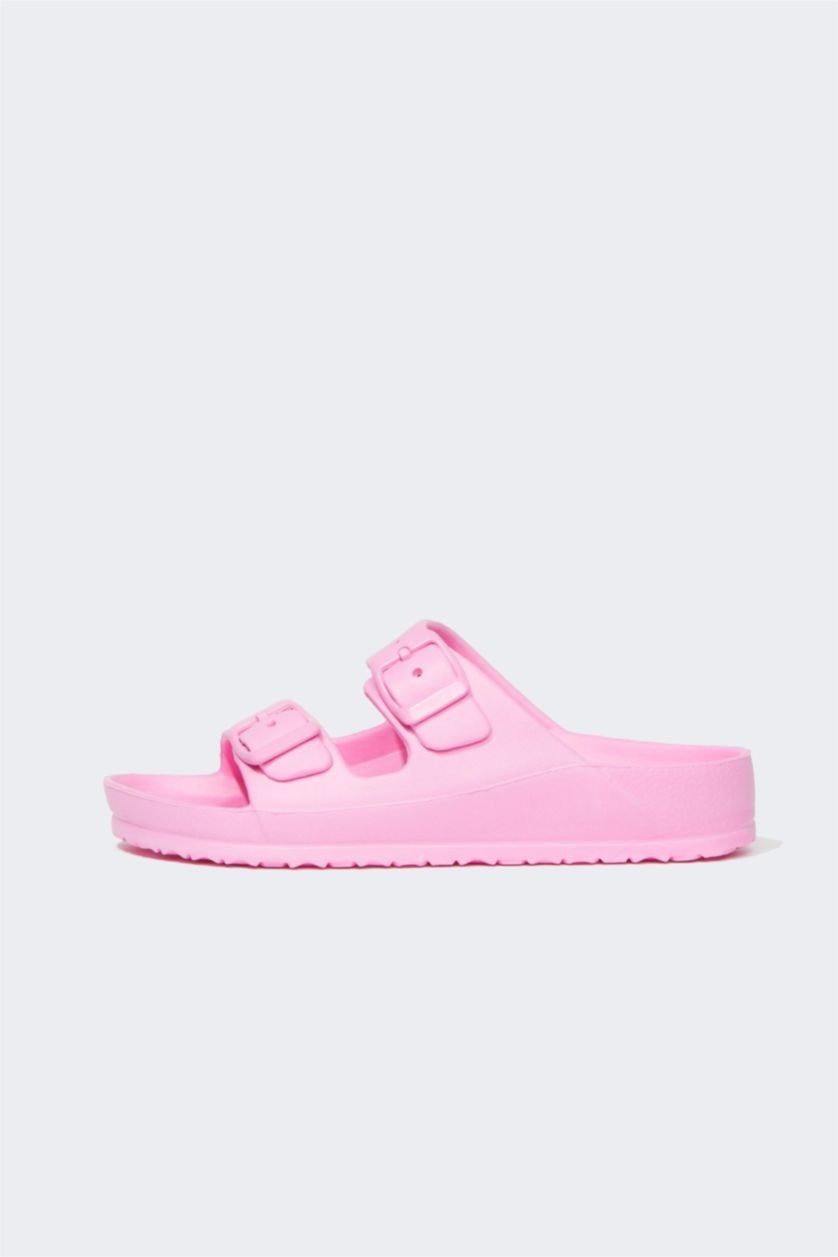 Kız Çocuk - Genç Kız Neon Pembe Eva Çift Bantlı Tokalı Terlik Kız Çocuk