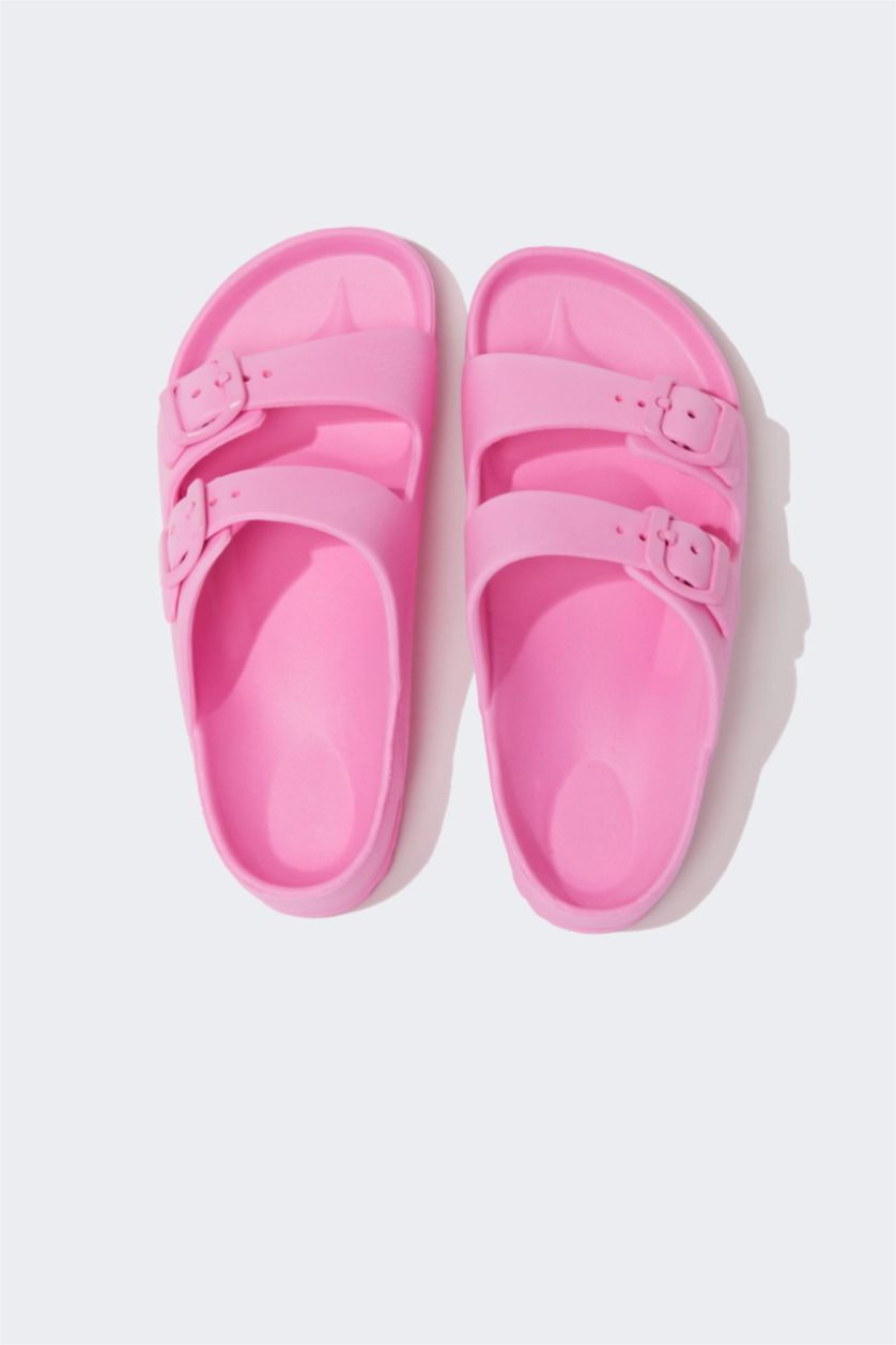 Kız Çocuk - Genç Kız Neon Pembe Eva Çift Bantlı Tokalı Terlik Kız Çocuk