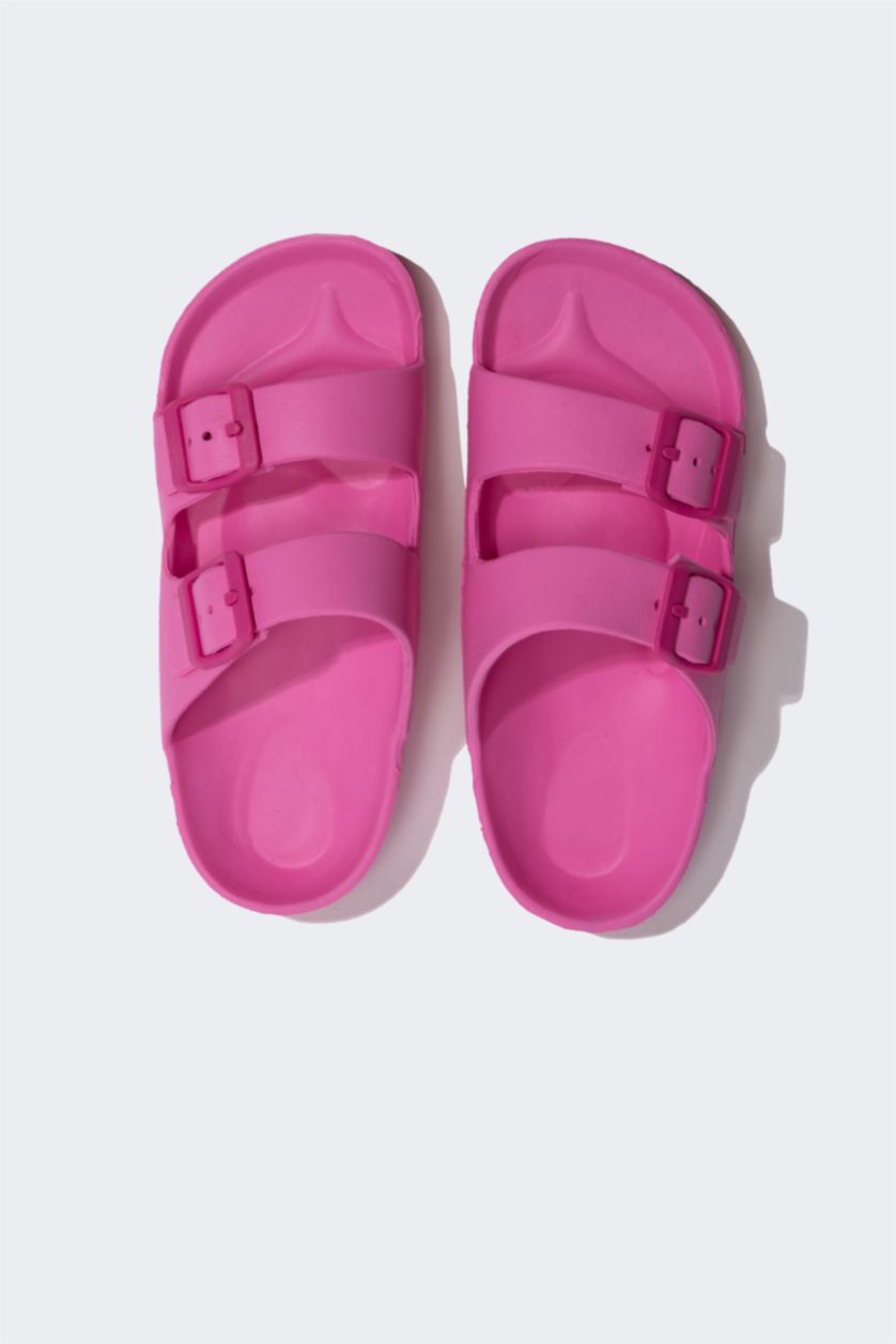 Kız Çocuk - Genç Kız Neon Pembe Eva Çift Bantlı Tokalı Terlik Kız Çocuk