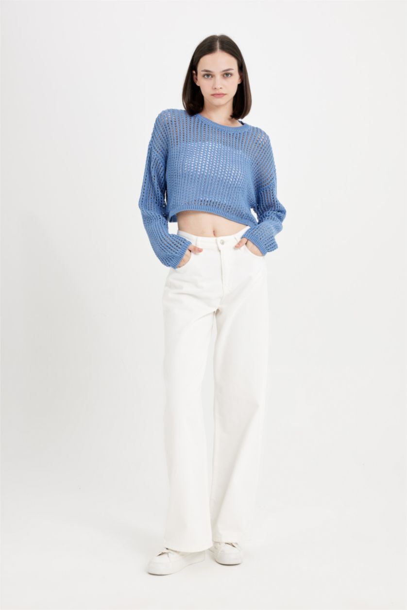 WOMAN Blue Crew Neck Crochet Crop Pullover