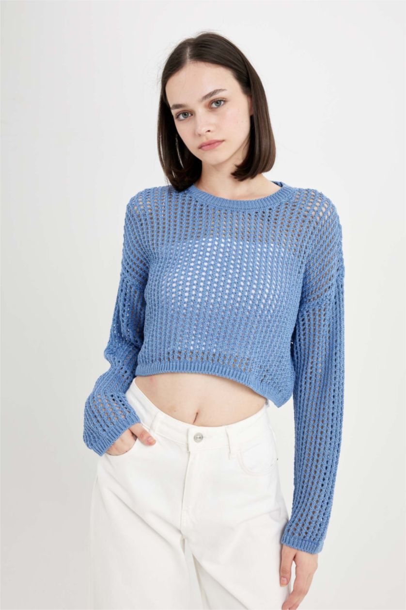 WOMAN Blue Crew Neck Crochet Crop Pullover
