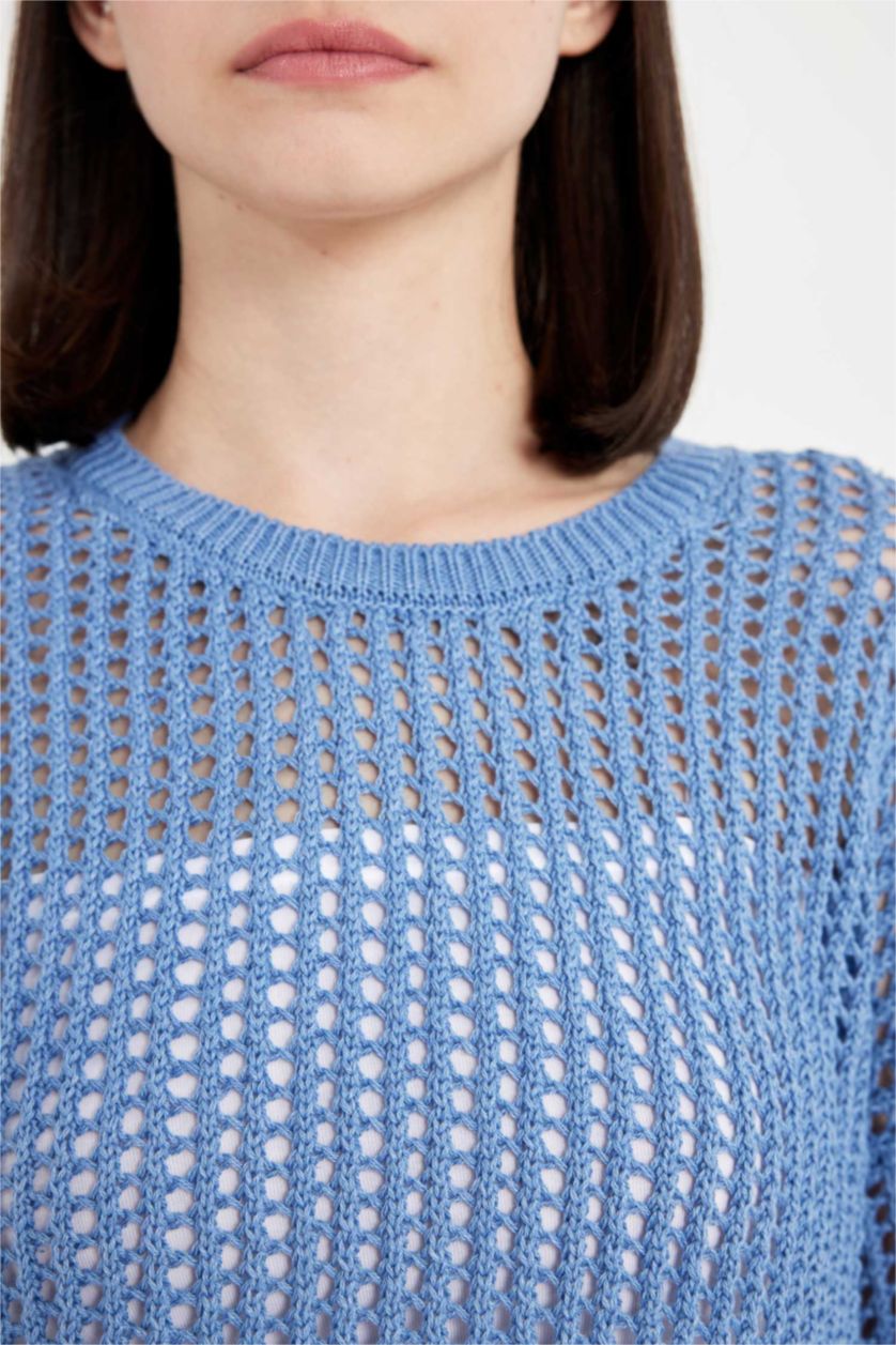 WOMAN Blue Crew Neck Crochet Crop Pullover
