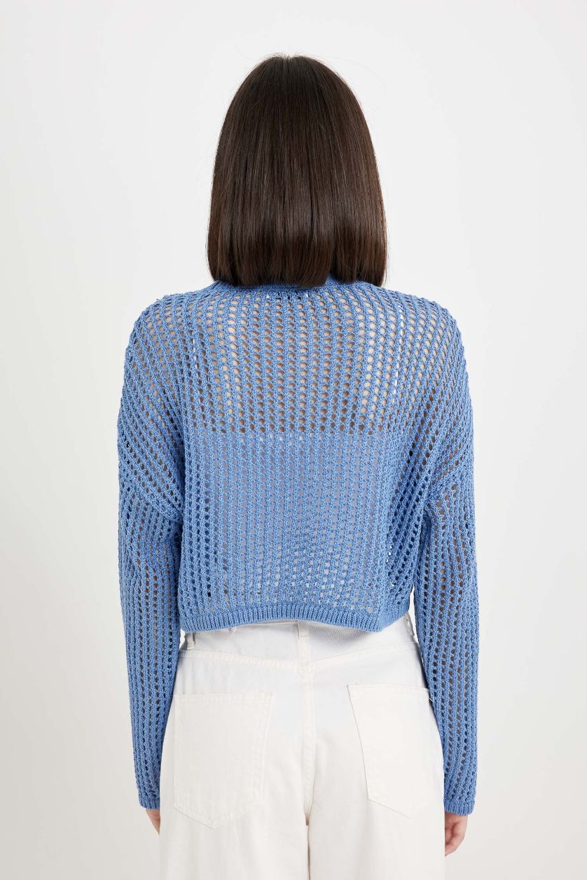 WOMAN Blue Crew Neck Crochet Crop Pullover