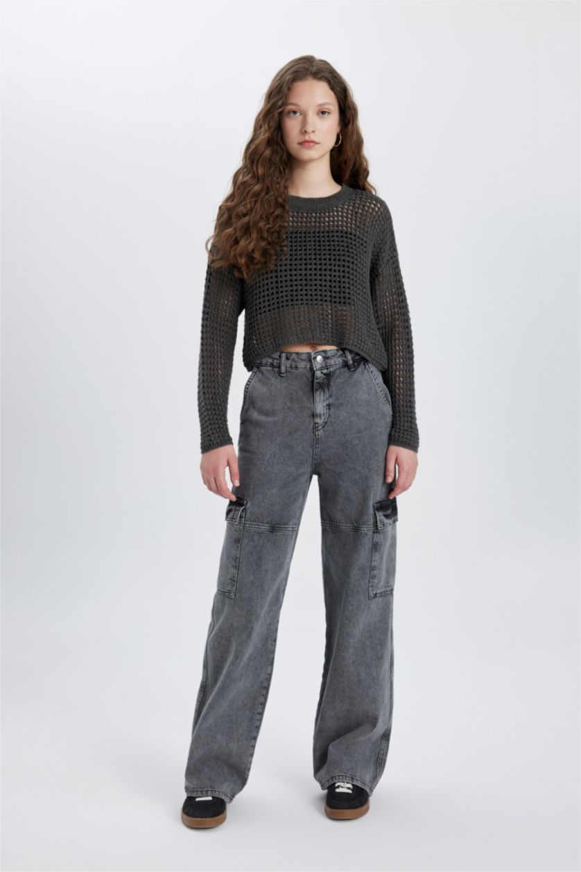 Kadın Gri Regular Fit Bisiklet Yaka Kroşe Triko Kazak