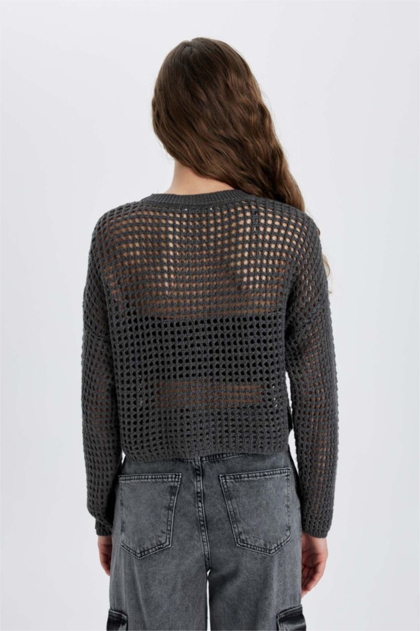 Kadın Gri Regular Fit Bisiklet Yaka Kroşe Triko Kazak