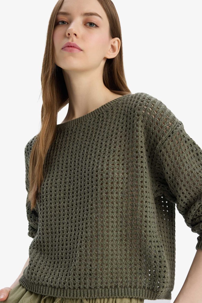 Kadın Haki Regular Fit Bisiklet Yaka Kroşe Triko Kazak