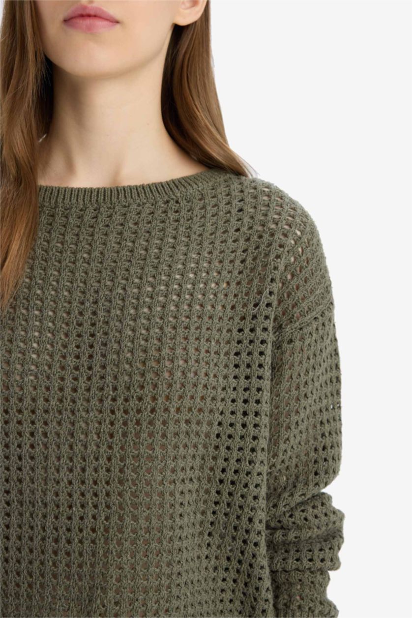 Kadın Haki Regular Fit Bisiklet Yaka Kroşe Triko Kazak