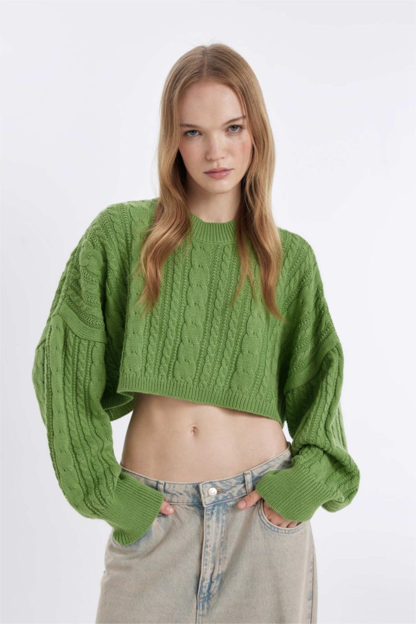 Woman Green Crew Neck Hair Knitted Crop Pullover