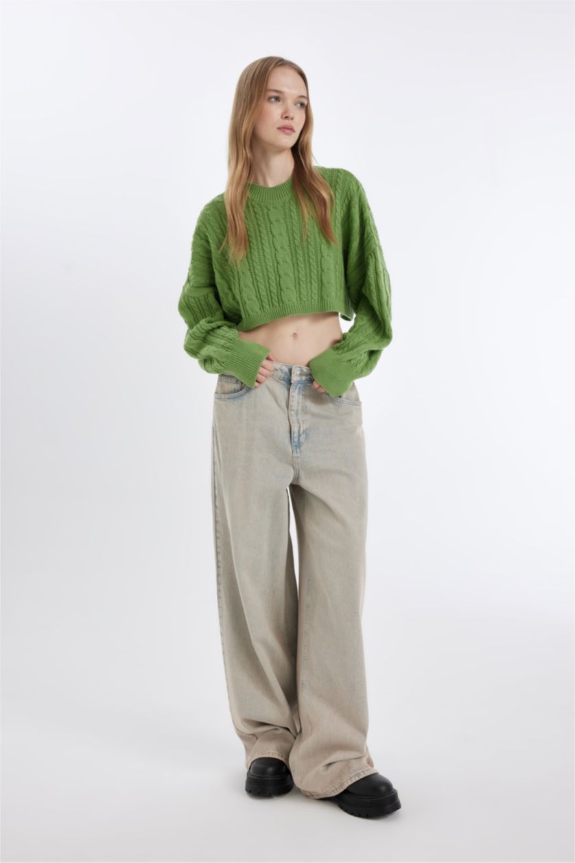 Woman Green Crew Neck Hair Knitted Crop Pullover