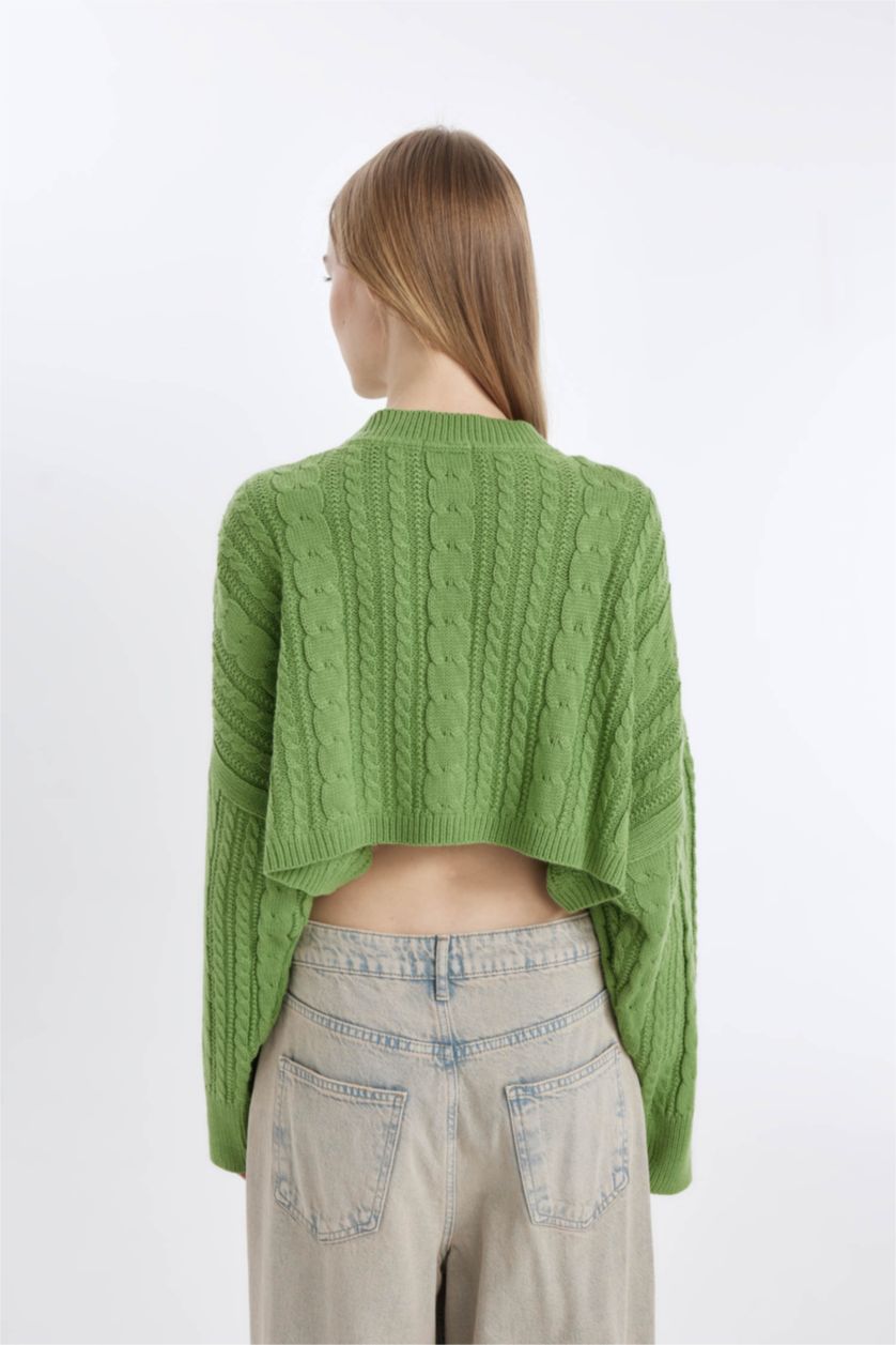 Woman Green Crew Neck Hair Knitted Crop Pullover