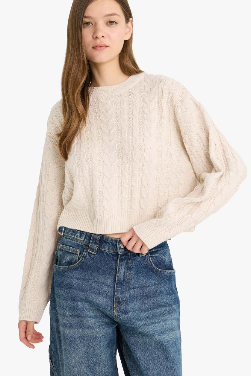 WOMAN Ecru Regular Fit Crew Neck Knitted Pullover