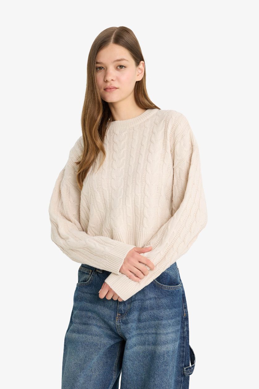 WOMAN Ecru Regular Fit Crew Neck Knitted Pullover