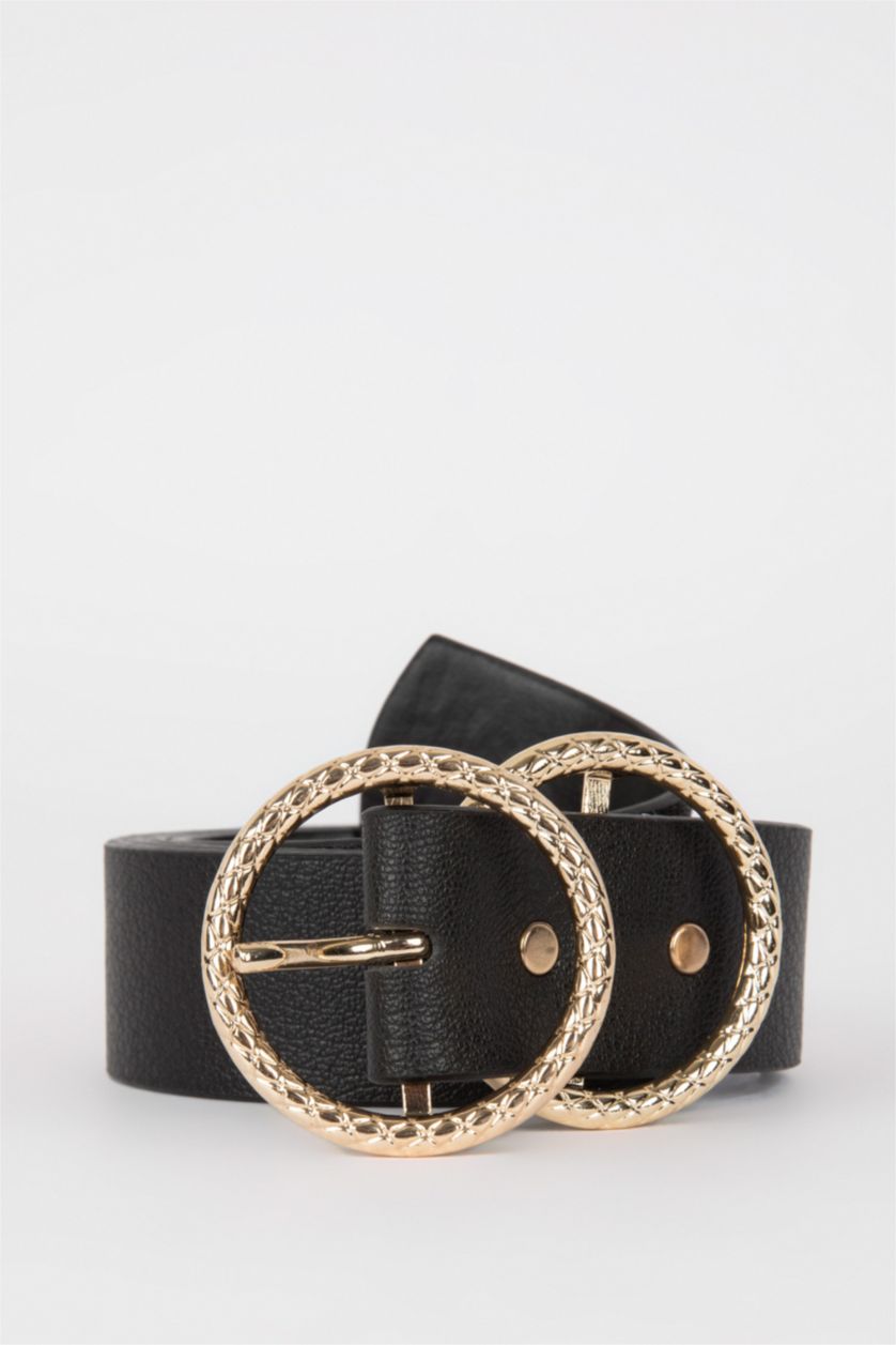 WOMAN Black Women's Oval Buckle Faux Leather Classic Belt