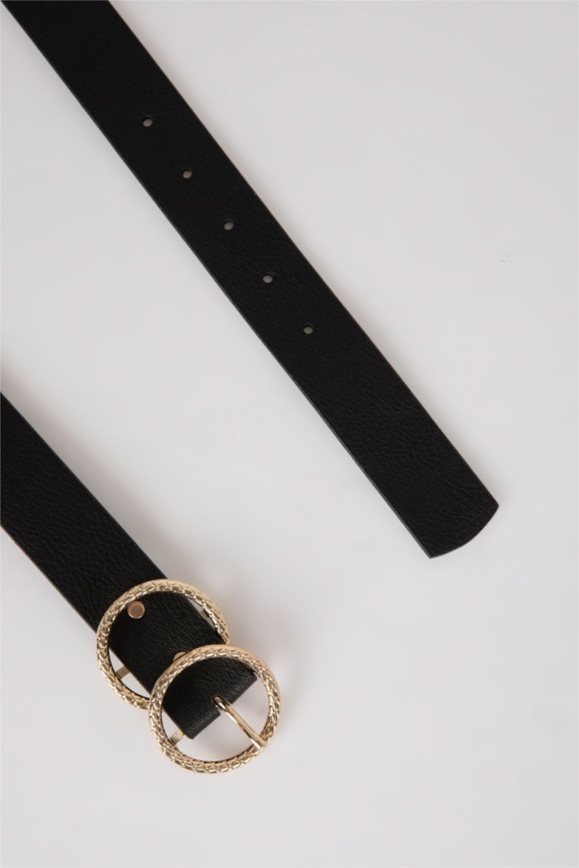 WOMAN Black Women's Oval Buckle Faux Leather Classic Belt