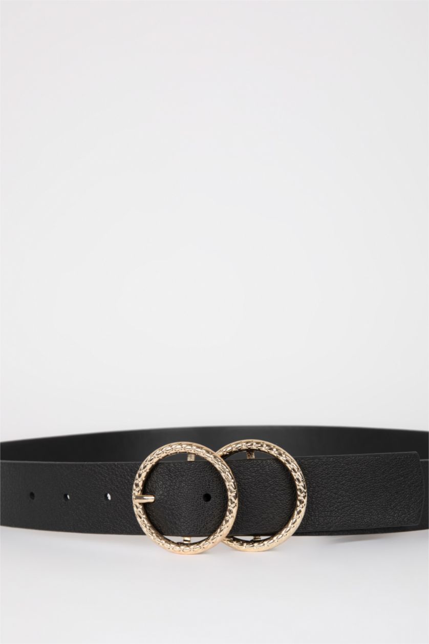 WOMAN Black Women's Oval Buckle Faux Leather Classic Belt