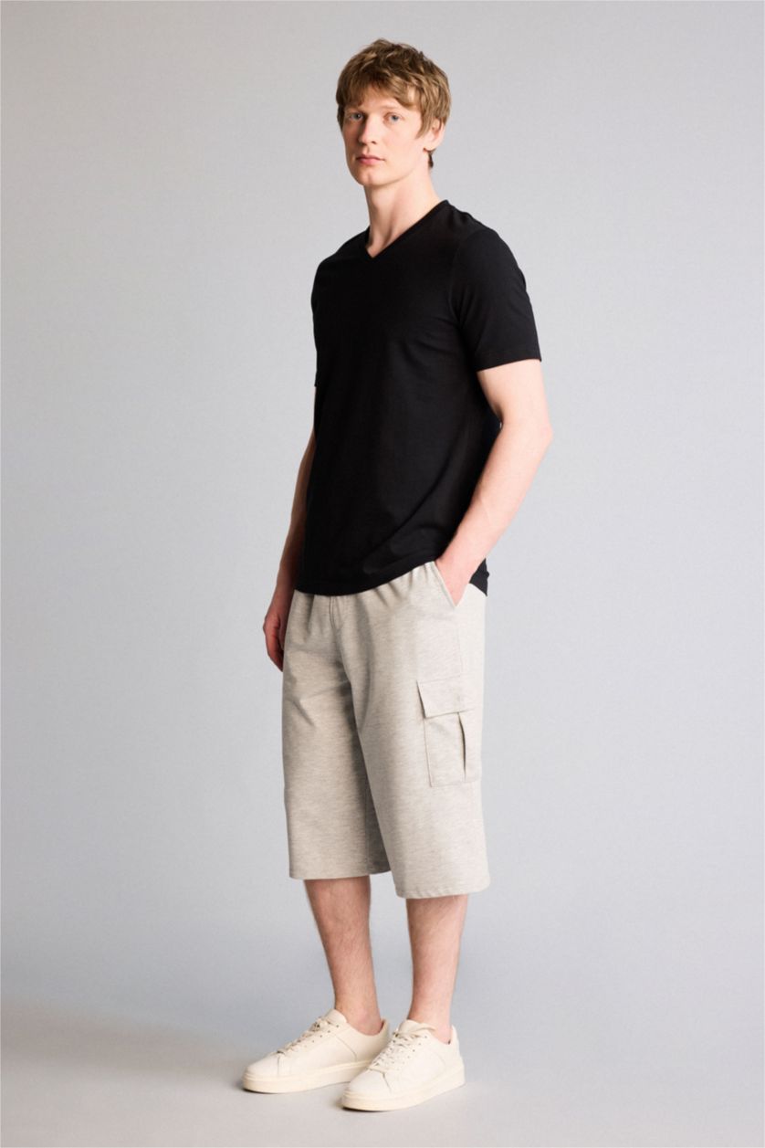 Erkek Gri Melanj Slim Fit Dar Kesim Kargo Cepli Basic Düz Kapri Şort