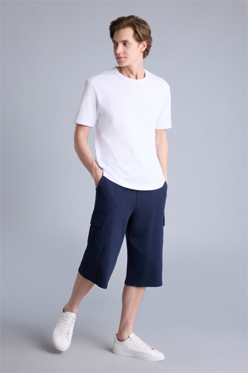 Erkek Lacivert Relax Fıt Sweatshirt Kumaşı Uzun Şort