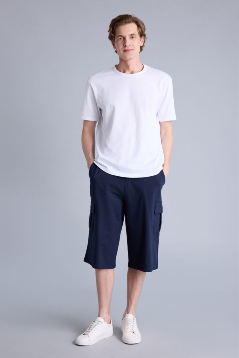 Erkek Lacivert Relax Fıt Sweatshirt Kumaşı Uzun Şort