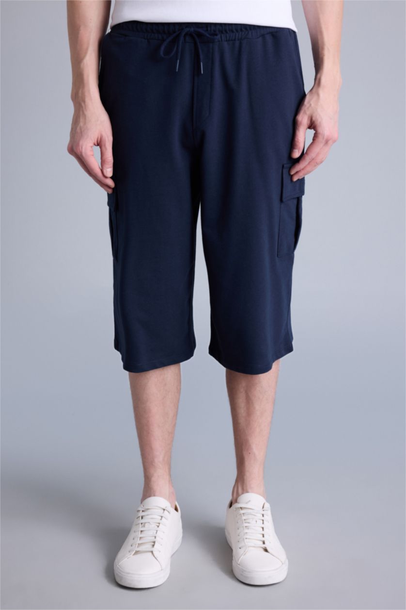 Erkek Lacivert Relax Fıt Sweatshirt Kumaşı Uzun Şort