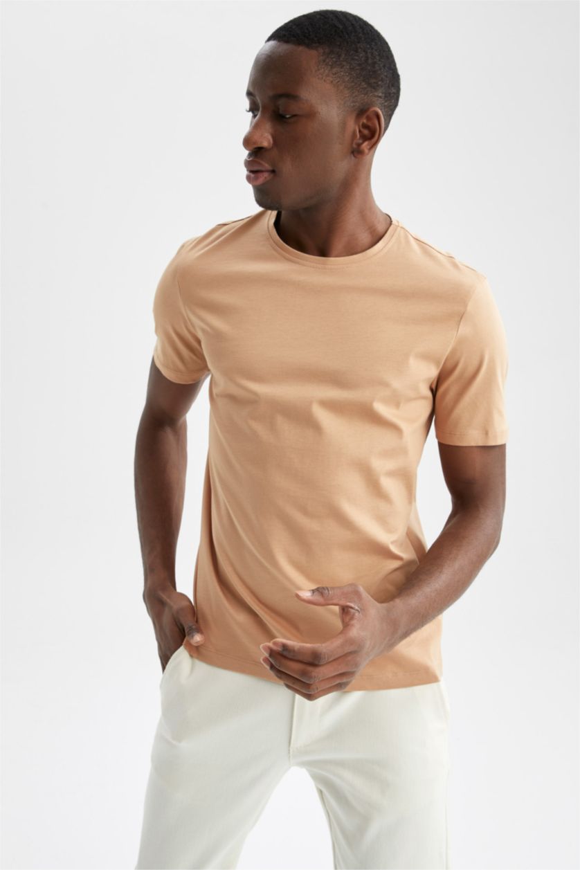 HOMME Beige T-shirt col rond en coton mercerisé de qualité premium à Coupe régulière