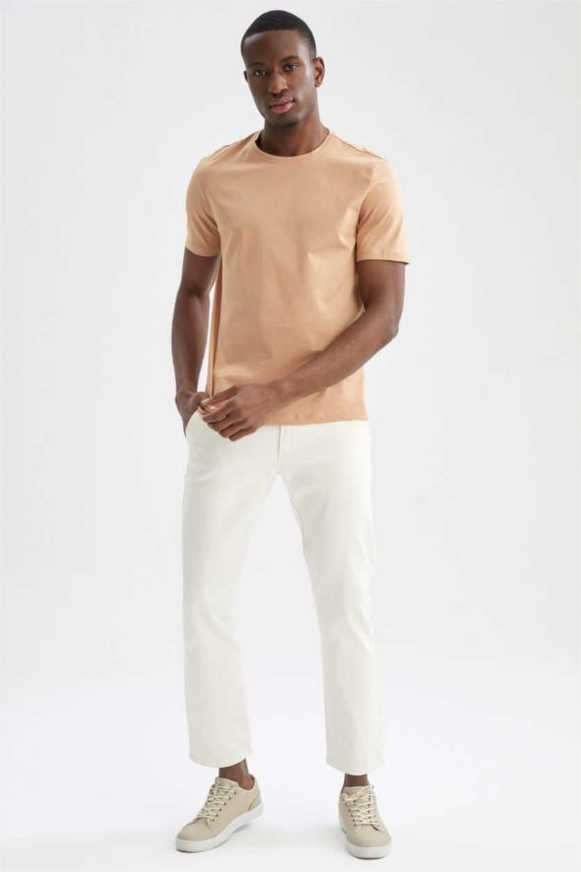 HOMME Beige T-shirt col rond en coton mercerisé de qualité premium à Coupe régulière