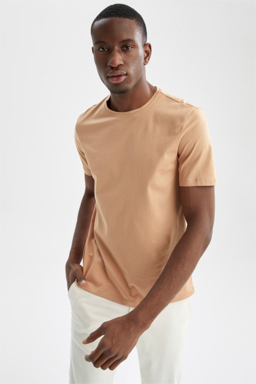 HOMME Beige T-shirt col rond en coton mercerisé de qualité premium à Coupe régulière