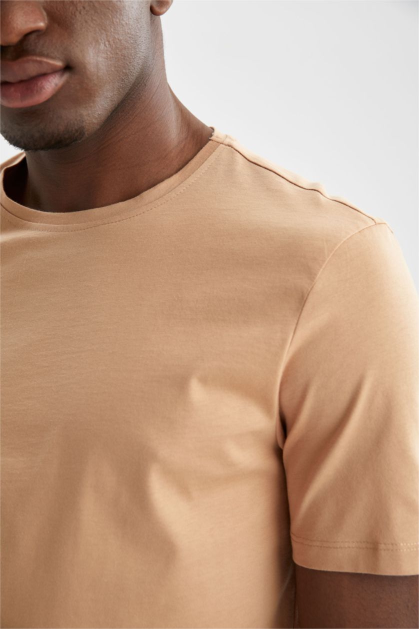 HOMME Beige T-shirt col rond en coton mercerisé de qualité premium à Coupe régulière