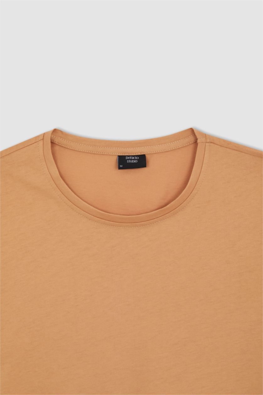 HOMME Beige T-shirt col rond en coton mercerisé de qualité premium à Coupe régulière