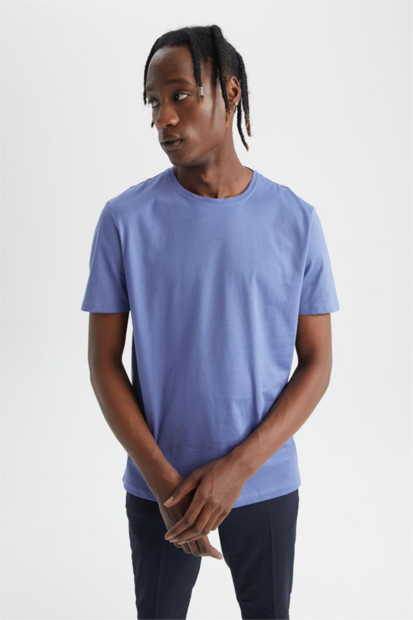 Erkek İndigo Regular Fıt Pamuklu Kısa Kollu Tişört