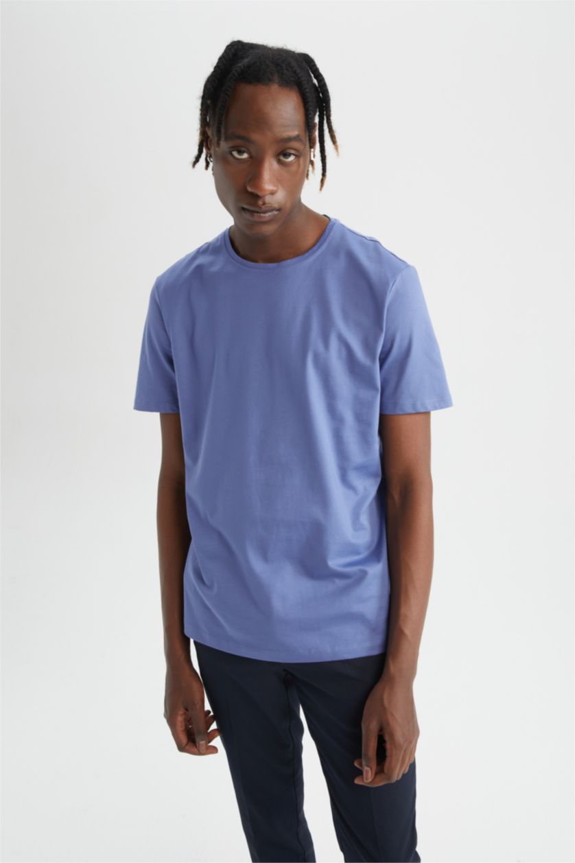 Erkek İndigo Regular Fıt Pamuklu Kısa Kollu Tişört