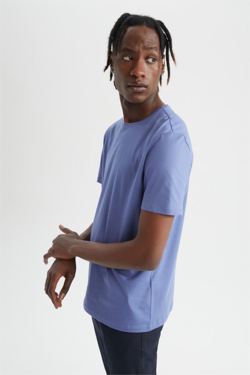 Erkek İndigo Regular Fıt Pamuklu Kısa Kollu Tişört