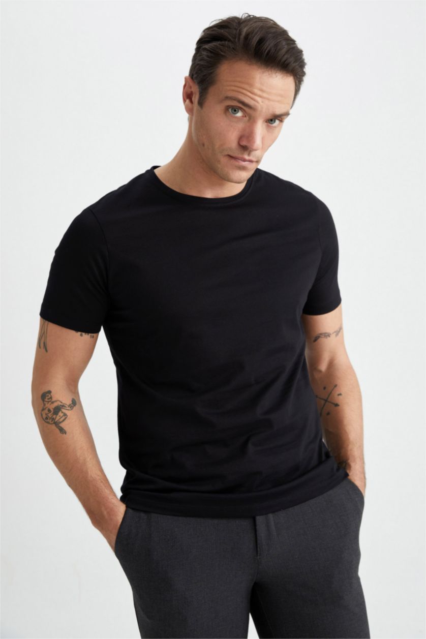 رجالي أسود تي شيرت قطن بريميوم قصة عادية برقبة مستديرة