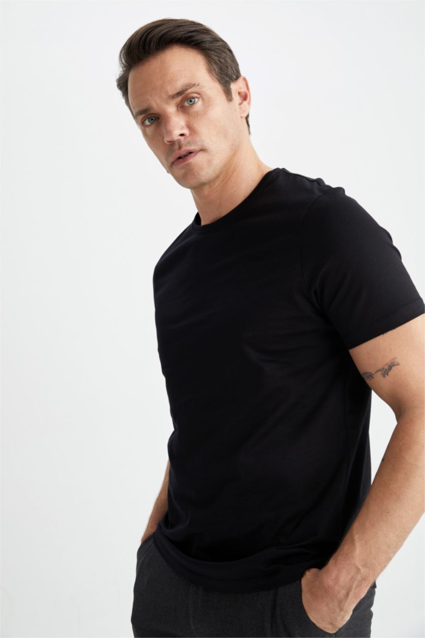 رجالي أسود تي شيرت قطن بريميوم قصة عادية برقبة مستديرة