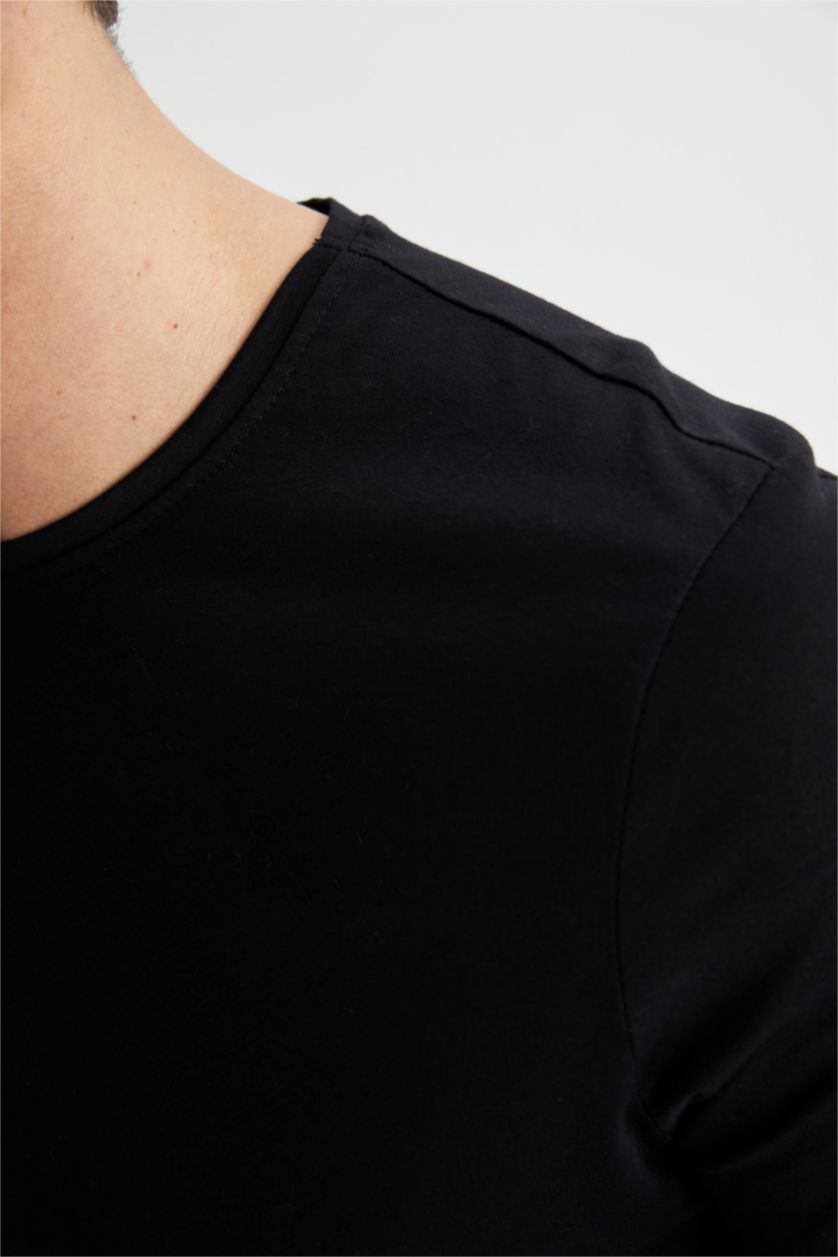 رجالي أسود تي شيرت قطن بريميوم قصة عادية برقبة مستديرة