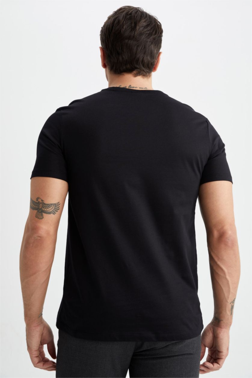 رجالي أسود تي شيرت قطن بريميوم قصة عادية برقبة مستديرة