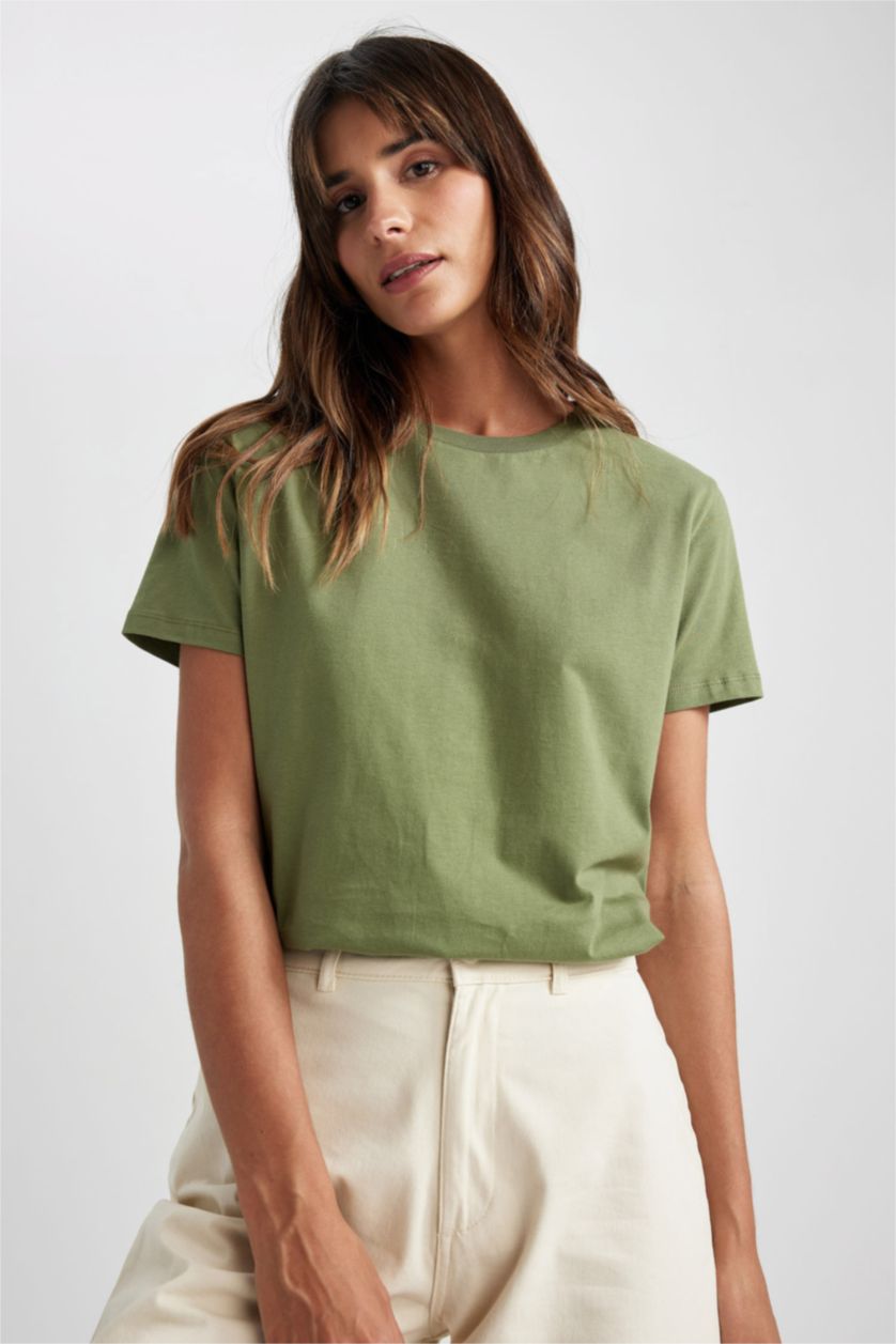 FEMME Vert T-Shirt Coton coupe régulière à Manches Courtes