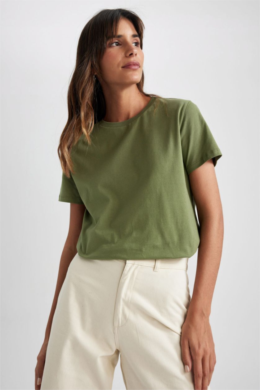 FEMME Vert T-Shirt Coton coupe régulière à Manches Courtes