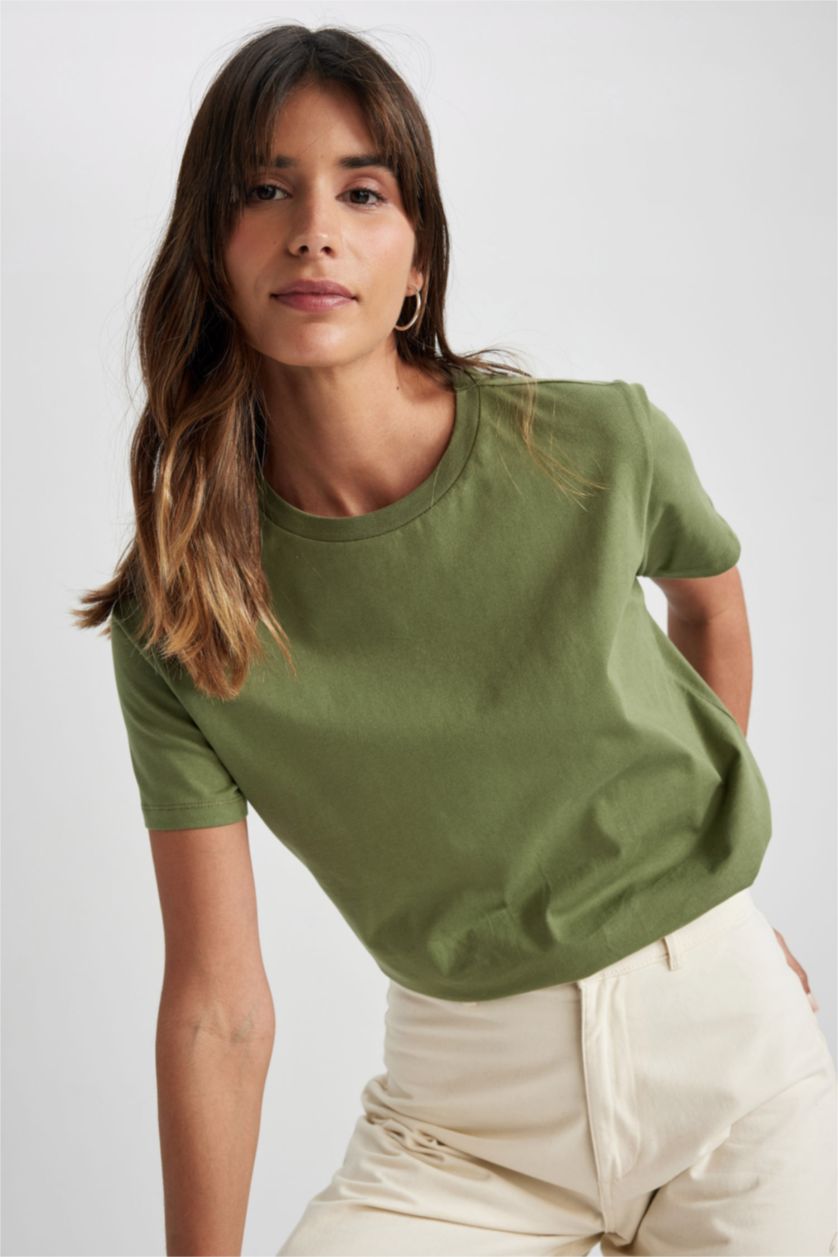 FEMME Vert T-Shirt Coton coupe régulière à Manches Courtes