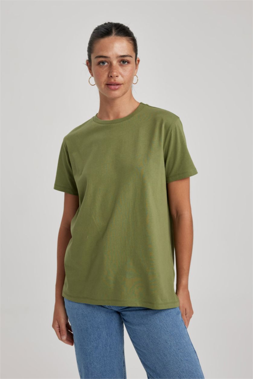 نساء كاكي تي شيرت نص كم قصة طويلة بياقة مستديرة