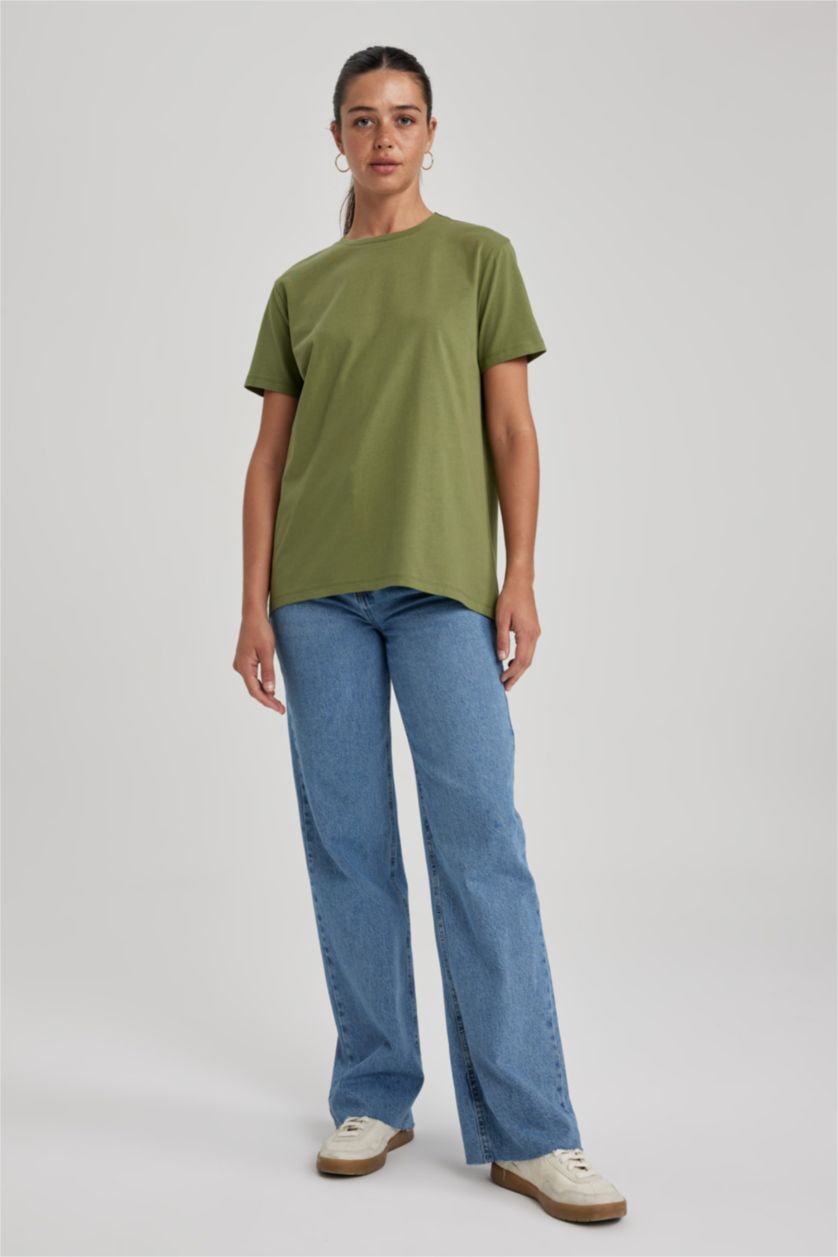 نساء كاكي تي شيرت نص كم قصة طويلة بياقة مستديرة